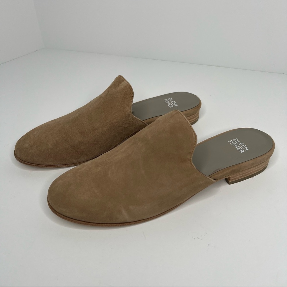 Eileen Fisher Dion Suede Mules Flat  Brown Tan Size 8